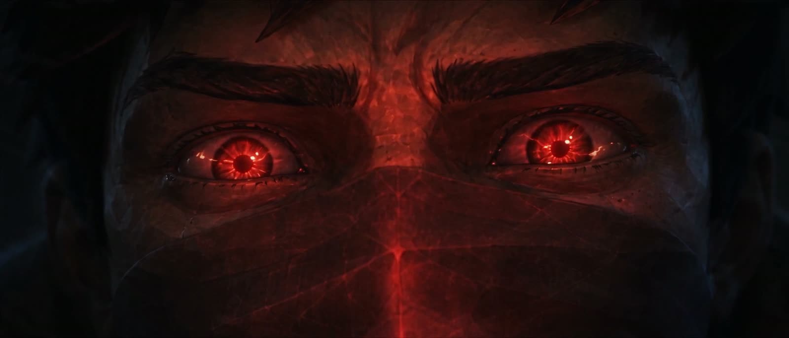 Teo's eyes burn red above his mask.