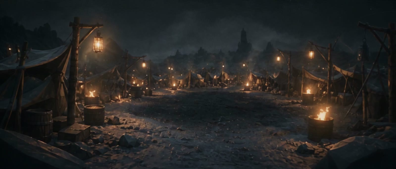 Brask's camp at night, lamps burning in the ash.