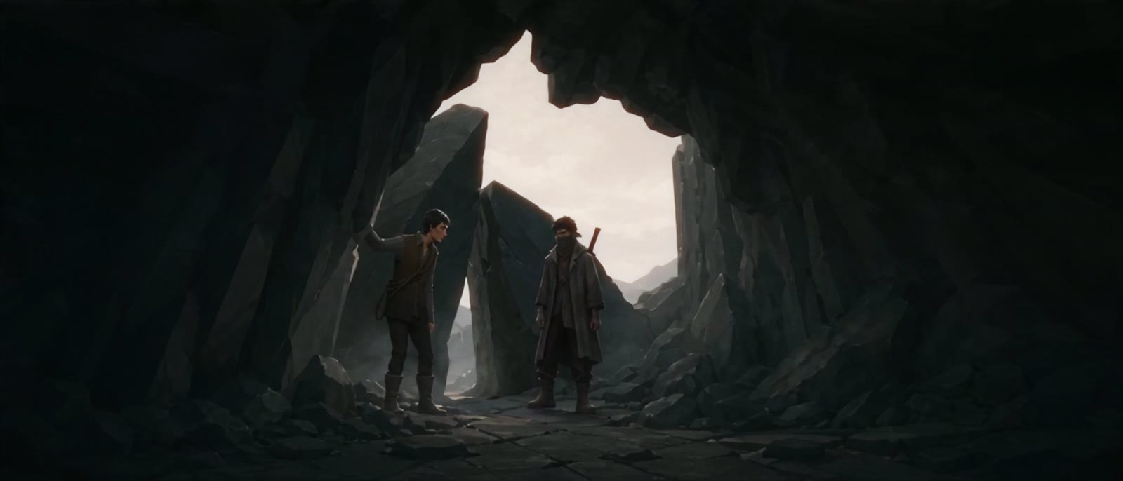 Two figures at the mouth of a cave.