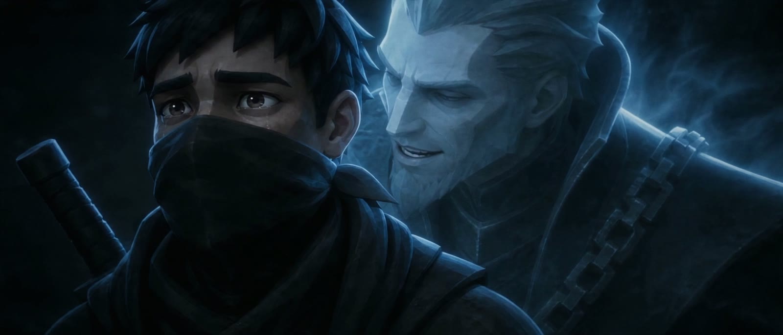 Teo with a smiling blue ghost at his shoulder.
