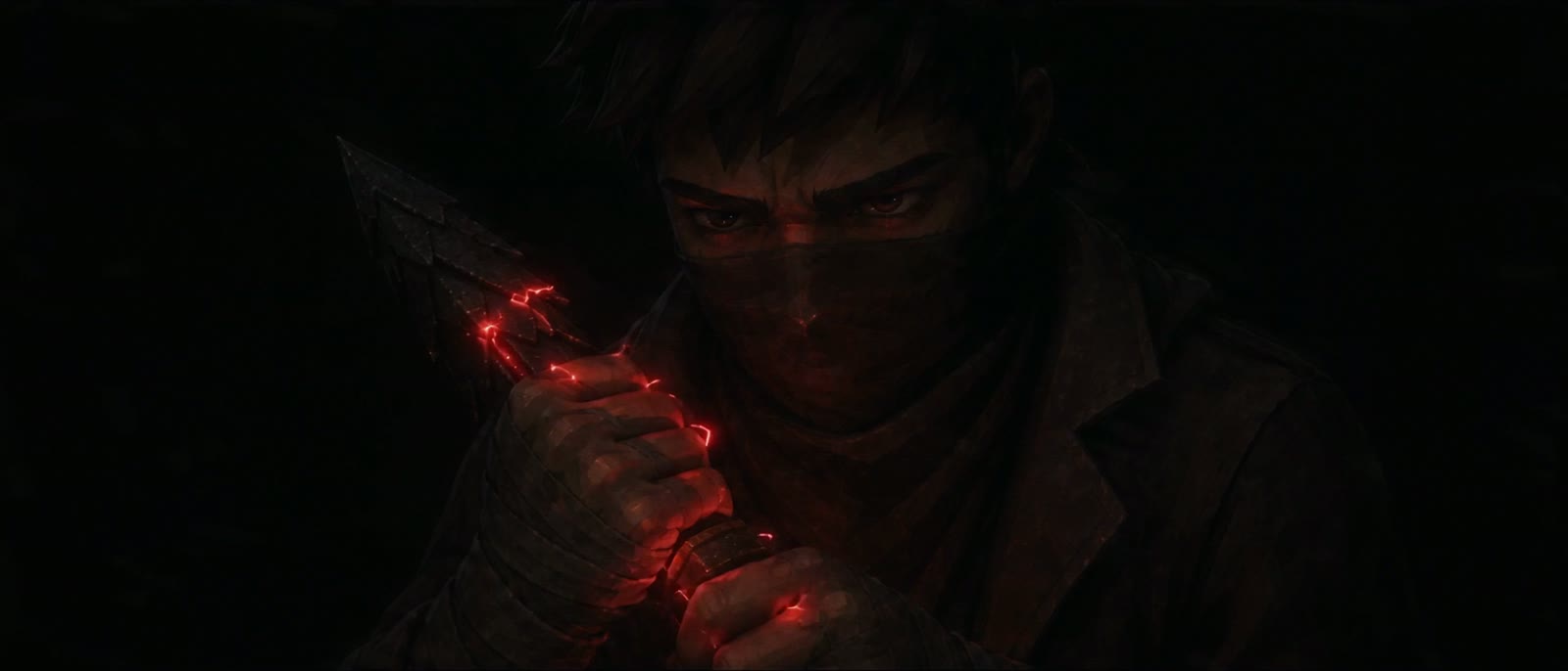 Red lightning around a hilt in Teo's fist.