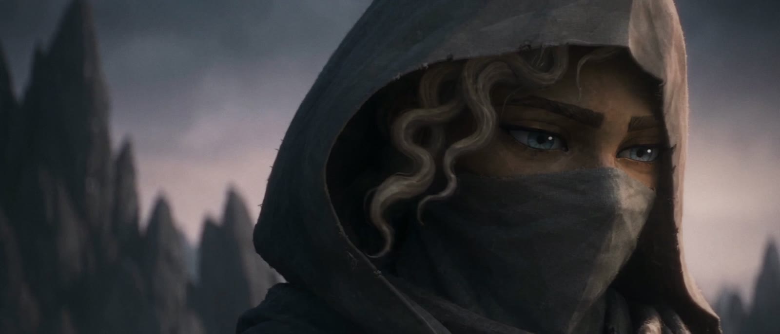 A hooded young woman with pale curls and a mask.