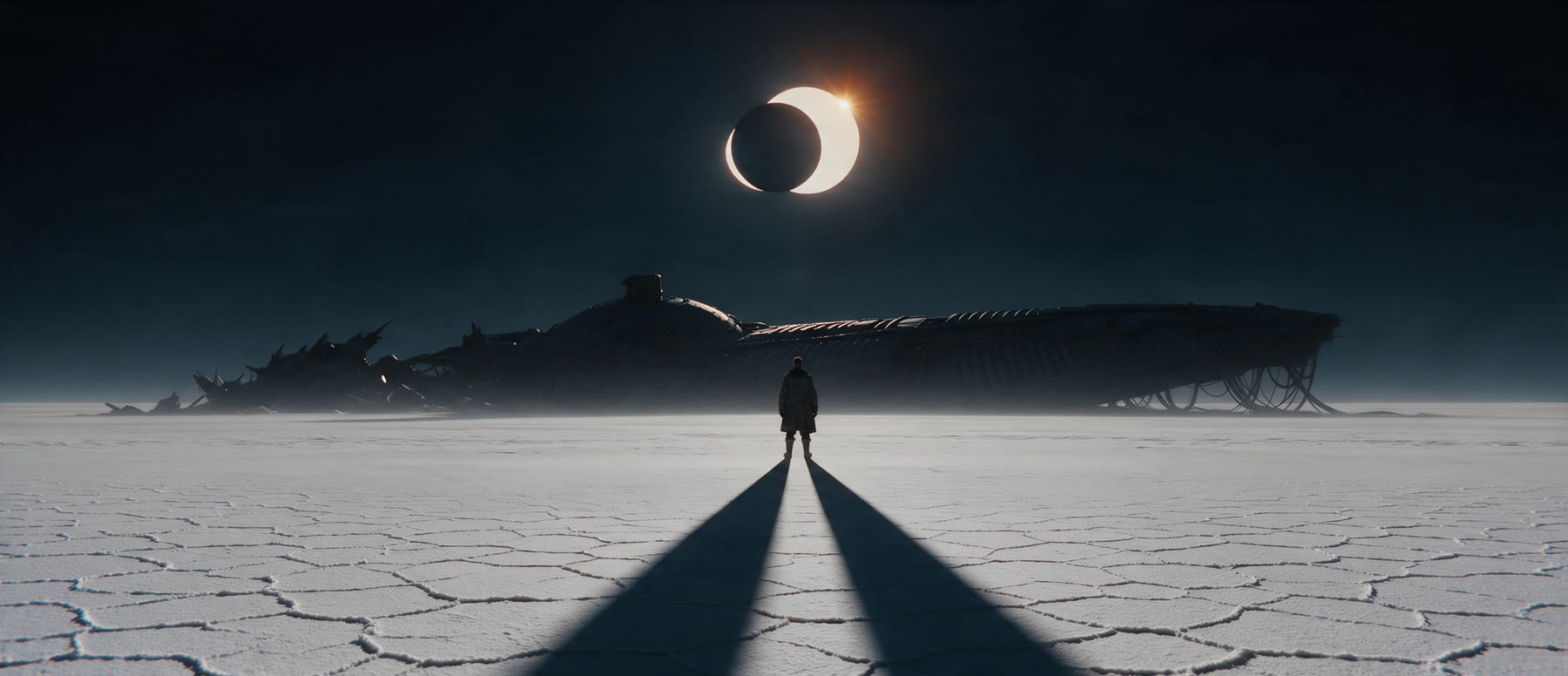 An eclipse over a salt flat. One figure stands in front of a wrecked ship and casts two long shadows.